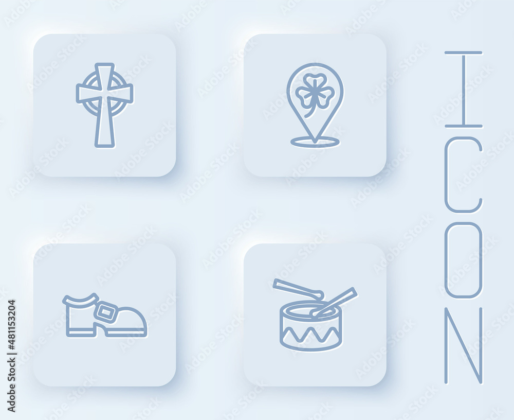 Set line Celtic cross, Clover trefoil leaf, Leprechaun boot and Drum with drum sticks. White square button. Vector Set line Celtic cross, Clover trefoil leaf, Leprechaun boot and Drum with drum sticks. White square button. Vector