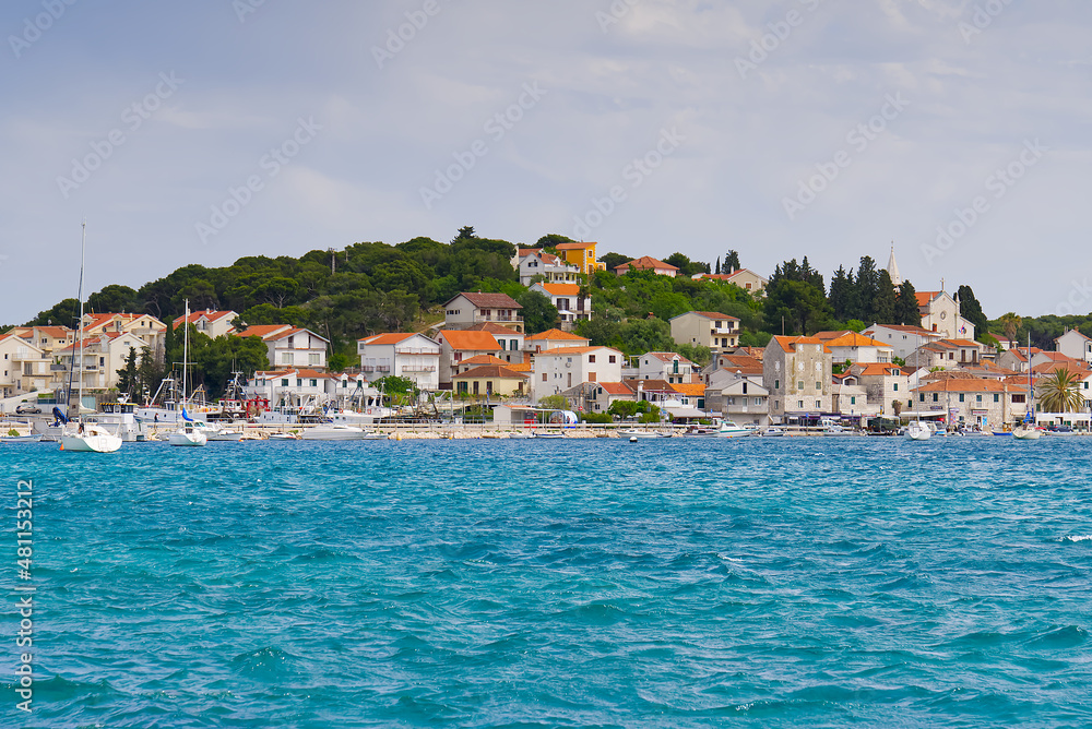 View of Rogoznica town and blue adriatic sea , Dalmatia, Croatia. Rogoznica cityscape and seascape. summer