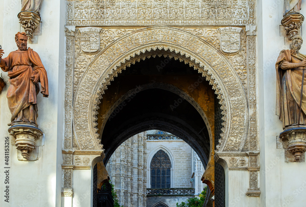 Seville Cathedral. Detail of arch Door of Perdon or Door of Forgiveness. Main entrance to the Almohad mosque in Moorish times. Sevilla Andalusia Spain