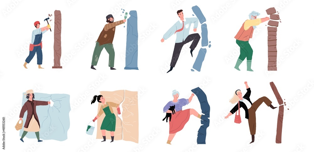 Set of vector flat cartoon characters destroying walls,breaking obstacles on way to success achieving-life problems solving,goal achievement,personal growth metaphor concept,web site banner ad design - obrazy, fototapety, plakaty 