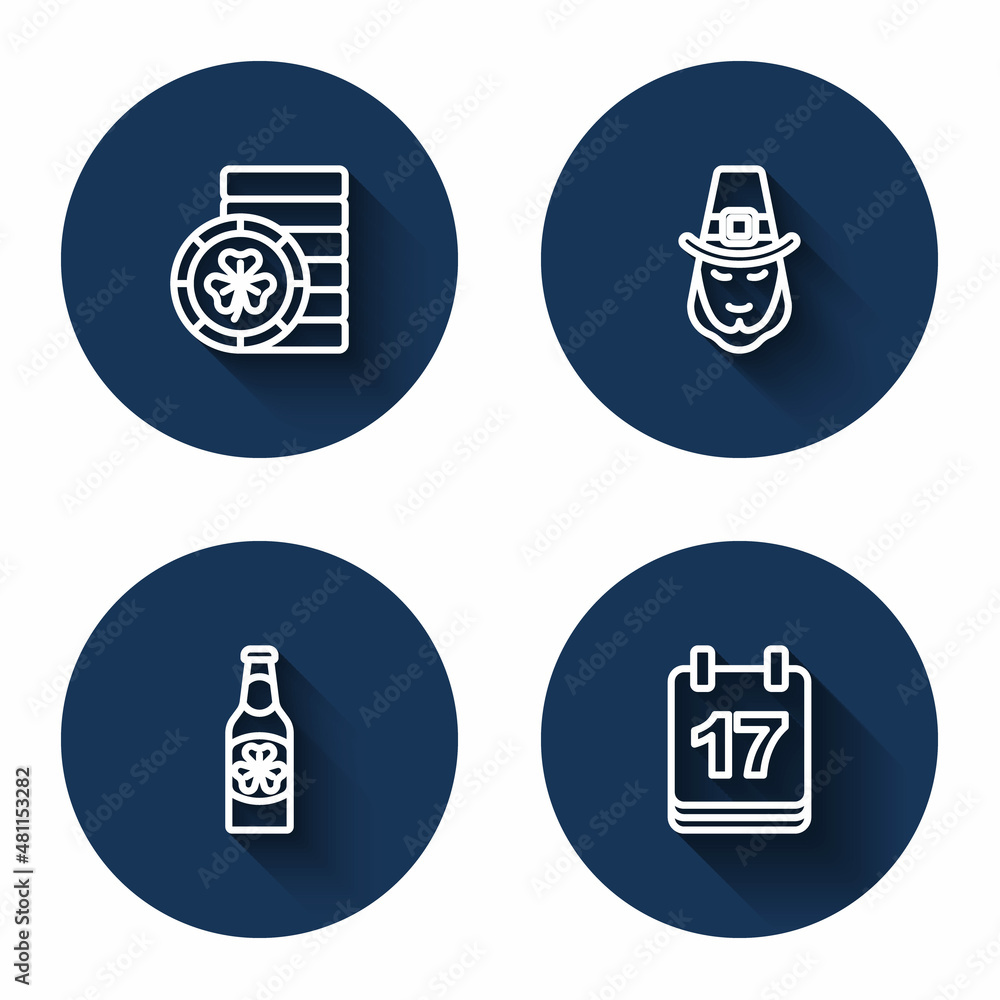 Set line Golden leprechaun coin, Leprechaun, Beer bottle with clover and Saint Patricks day calendar with long shadow. Blue circle button. Vector Set line Golden leprechaun coin, Leprechaun, Beer bottle with clover and Saint Patricks day calendar with long shadow. Blue circle button. Vector