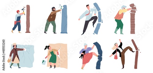 Set of vector flat cartoon characters destroying walls breaking obstacles on way to success achieving-life problems solving goal achievement personal growth metaphor concept web site banner ad design