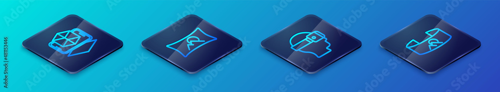Set Isometric line Virtual reality glasses, 3d modeling, 360 degree view and Wide angle picture icon. Vector Set Isometric line Virtual reality glasses, 3d modeling, 360 degree view and Wide angle picture icon. Vector