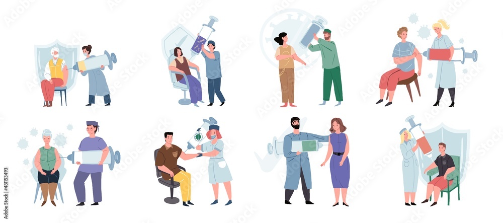 Set of vector cartoon flat doctors vaccinating different patient characters-coronavirus covid infection disease prevention,antiviral treatment and therapy medical concept,web site banner ad design Set of vector cartoon flat doctors vaccinating different patient characters-coronavirus covid infection disease prevention,antiviral treatment and therapy medical concept,web site banner ad design