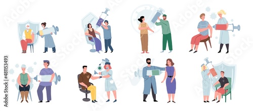 Set of vector cartoon flat doctors vaccinating different patient characters-coronavirus covid infection disease prevention,antiviral treatment and therapy medical concept,web site banner ad design © VectorSpace
