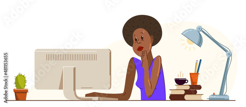 African ethnicity girl office worker pensive concentrated on her work vector flat illustration isolated, serious attentive worker seriously thinking on a project, comfortable workplace.