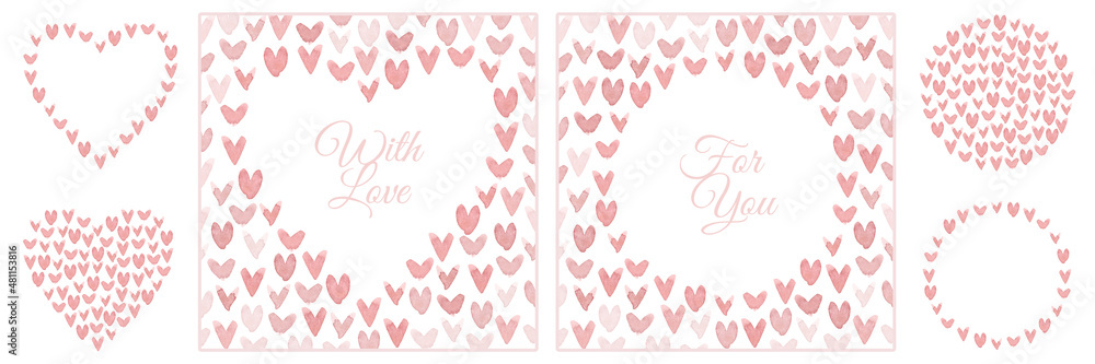Set of watercolor frames with hearts isolated on white background. Set of watercolor frames with hearts isolated on white background.