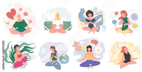 Set of vector cartoon happy characters in graphic metaphors for meditation.Smiling girls sit in yoga pose-personal growth and development,human brain inner world concept,web site banner ad design
