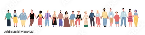 Vector cartoon flat happy smiling characters of different status and races holding hands-people equality,diversity and peace day,international friendship and solidarity social concept,web site design