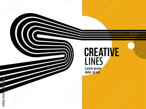 3D black and yellow lines in perspective abstract vector background, linear perspective illustration op art.