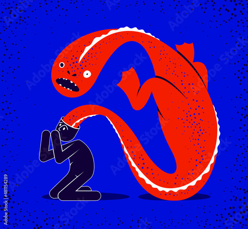 Psychical problems such as phobia psychosis schizophrenia hallucinations vector concept illustration in flat trendy style, psychiatry and psychology allegory, man with monster from his head.