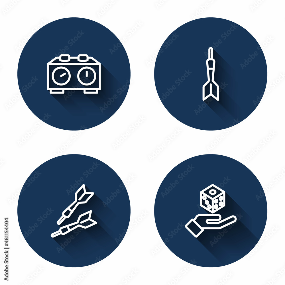 Set line Time chess clock, Dart arrow, and Game dice with long shadow. Blue circle button. Vector Set line Time chess clock, Dart arrow, and Game dice with long shadow. Blue circle button. Vector