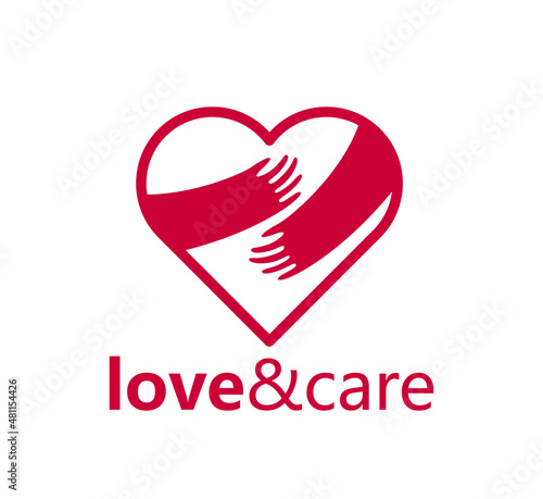 Heart with hugs vector logo or icon, hands holding heart care and relationship concept, support and protection theme, love yourself.