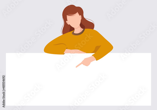 A young woman with long hair points to empty space on a big white banner. Vector illustration in flat style.