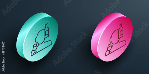 Isometric line Alcoholism, or alcohol use disorder icon isolated on black background. Turquoise and pink circle button. Vector