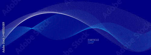 Dark blue abstract background, vector wave of flowing particles, curvy lines of dots in motion, technology and science theme, airy and ease futuristic illustration.
