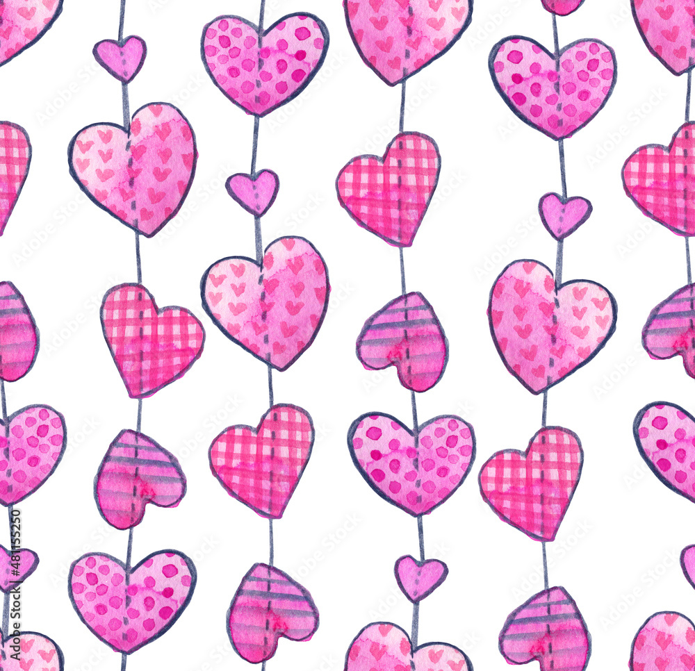 valentine's day heart pattern art watercolor hand drawn circle garland hanging checkered purple pink white background repeat seamless