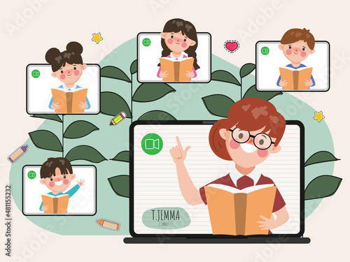 Cute cartoon student online school education learning anywhere with laptop background.