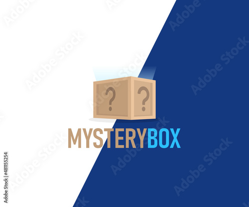 Mystery box with question sign logo design. Gift box with secret vector design. Unknown surprise inside with glowing light logotype