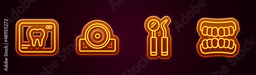 Set line X-ray of tooth, Otolaryngological head reflector, Dental mirror and probe and Dentures model. Glowing neon icon. Vector
