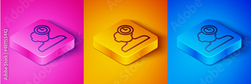 Isometric line Insomnia icon isolated on pink and orange, blue background. Sleep disorder with capillaries and pupils. Fatigue and stress. Square button. Vector