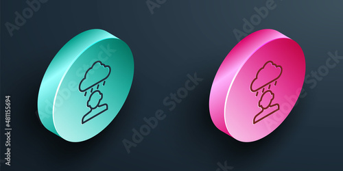 Isometric line Depression and frustration icon isolated on black background. Man in depressive state of mind. Mental health problems. Turquoise and pink circle button. Vector