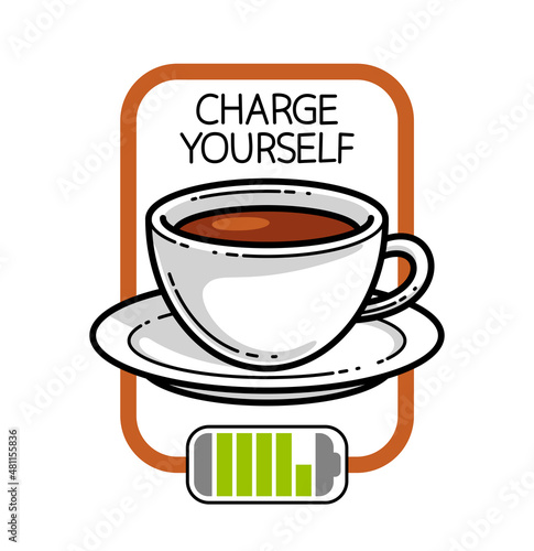 Cup of coffee with battery accumulator sign vector illustration or icon isolated on white, charge yourself concept, wakeup in morning, break in work during a day.