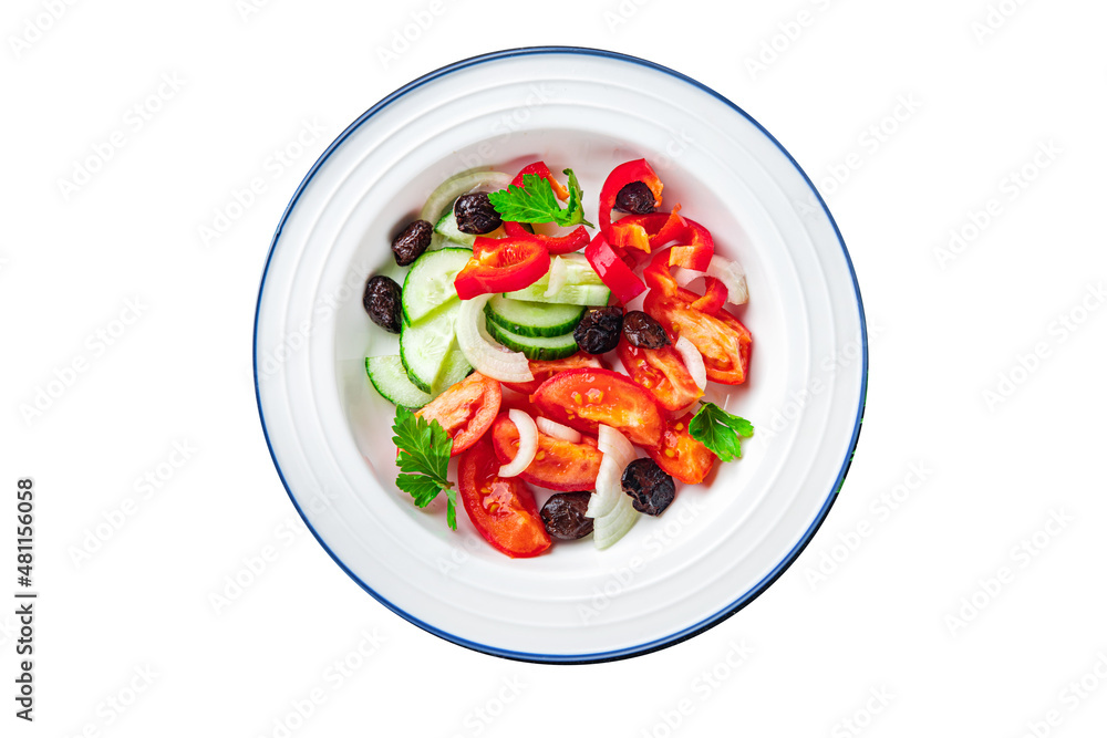 fresh vegetable salad tomato, cucumber, pepper, onion, black olives pitted healthy meal food snack on the table copy space food background rustic top view keto or paleo diet