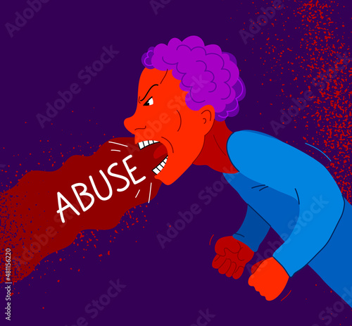 Aggressive man psychological abuser vector illustration, scream and shout quarrel with violent clenched fists, domestic violence and abuse, alcoholism bad behavior, psychopath manipulator.