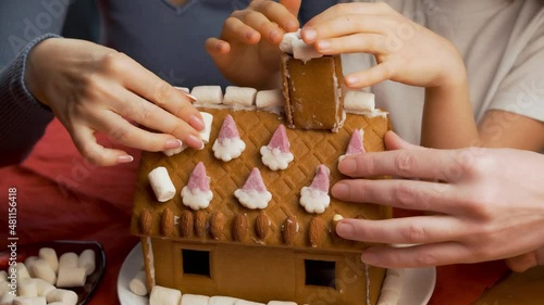 Wallpaper Mural Family Makes Cooking Sweet Cookie House for Dessert, Happy Child Mom and Dad Make Tasty Baking in the Kitchen Together, Close-up of Hands and Sweet Dessert. Torontodigital.ca