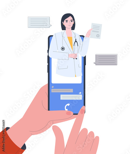Smartphone screen with female therapist chatting. Online consultations in the messenger. Medical online consultations or consulting services. Flat vector illustration