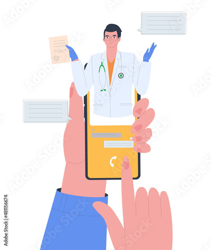 Smartphone screen with male therapist chatting. Online consultations in the messenger.
Medical online consultations or consulting services. Flat vector illustration