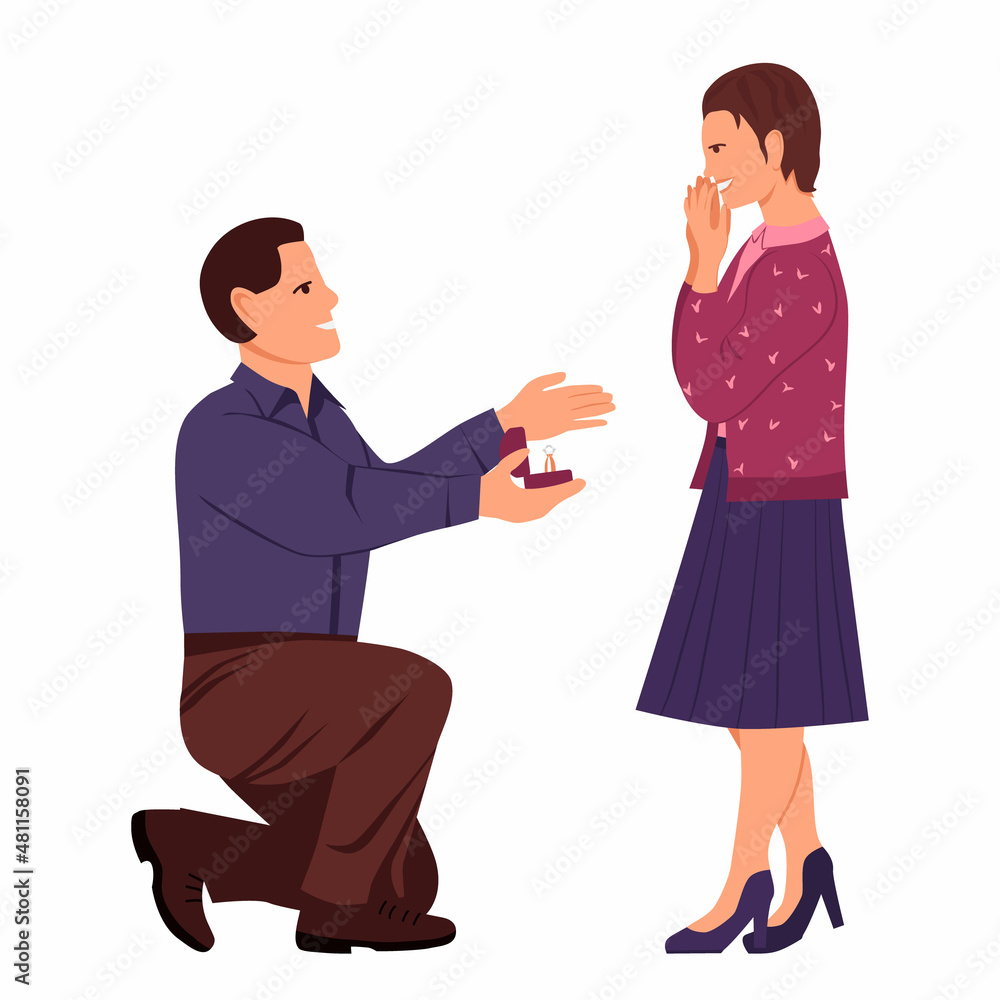 Guy is on his knee and offers the girl to marry him. A man hands a wedding ring to a woman. Girl in a skirt and high heels rejoices. Vector illustration in flat style, isolated on white background.