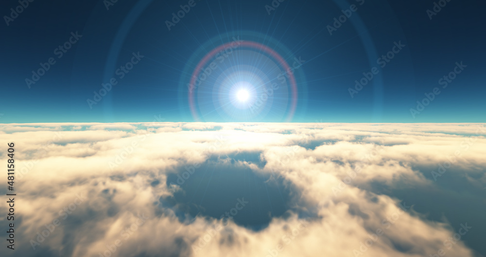 Fototapeta premium fly above clouds sunset landscape 3d render