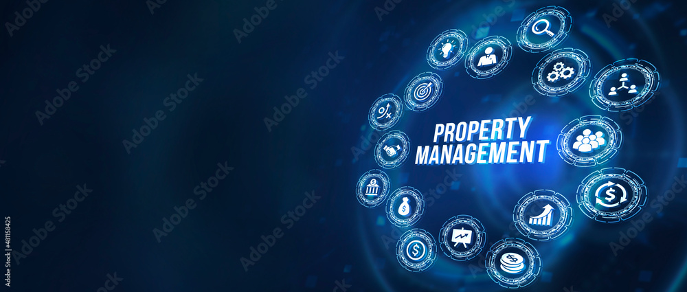 Fototapeta premium Internet, business, Technology and network concept. PROPERTY MANAGEMENT inscription, new business concept. 3d illustration.
