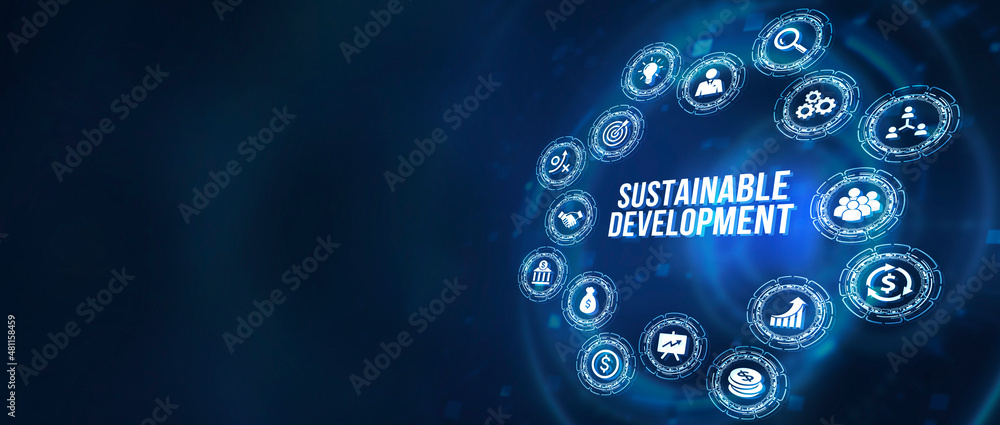 Fototapeta premium Internet, business, Technology and network concept. SUSTAINABLE DEVELOPMENT inscription, cloud technology concept. 3d illustration.
