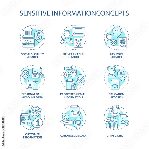 Sensitive information turquoise concept icons set. Personal and corporate data safety idea thin line color illustrations. Isolated outline drawings. Roboto-Medium, Myriad Pro-Bold fonts used