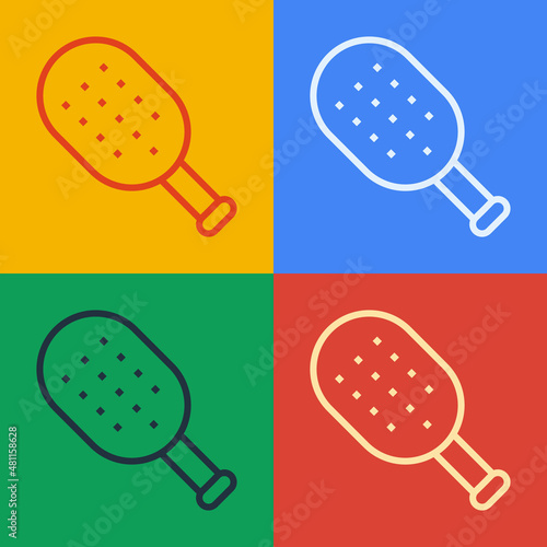 Pop art line Sauna brush icon isolated on color background. Wooden brush with coarse bristles for washing in the bath. Anti cellulite massage. Vector