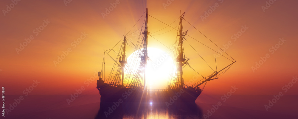 old ship sunset at sea 3d rendering
