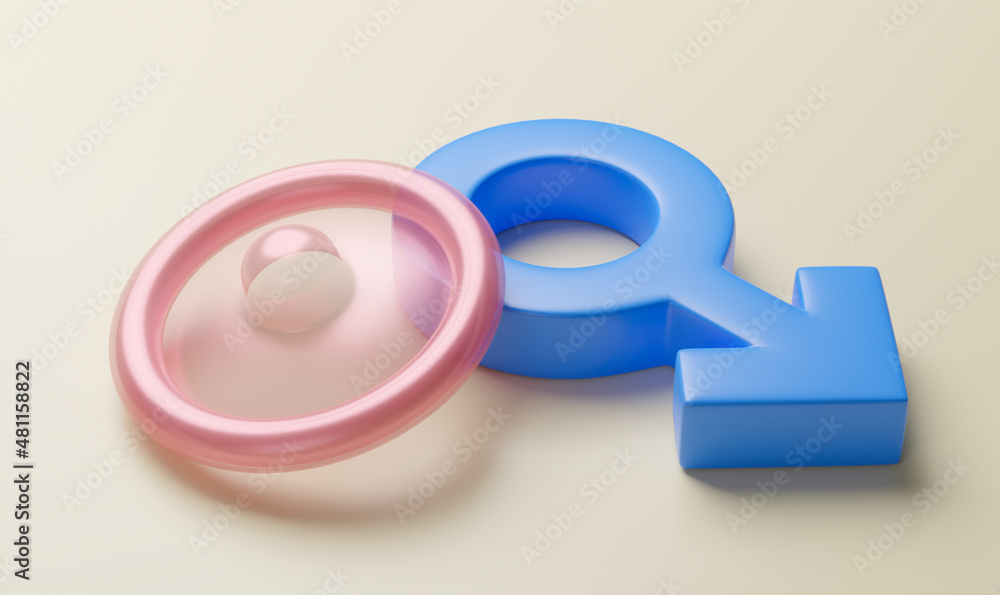 Sex condom for protection. Safe sex. Condom and male gender symbol. 3d render Sex condom for protection. Safe sex. Condom and male gender symbol. 3d render