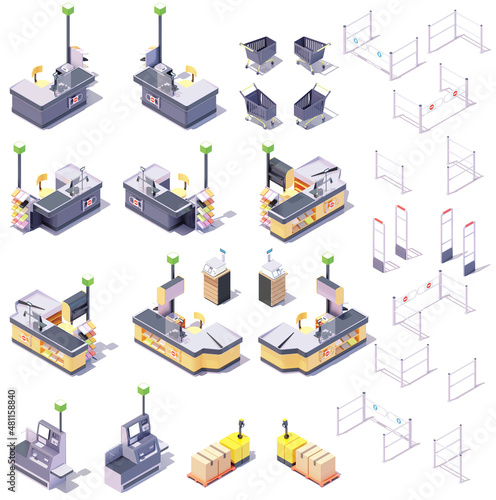 Vector isometric supermarket cash register. Supermarket checkout cash counter with conveyor belt, self-service or self-checkout system, shopping carts, forklift pallet jack and other retail equipment