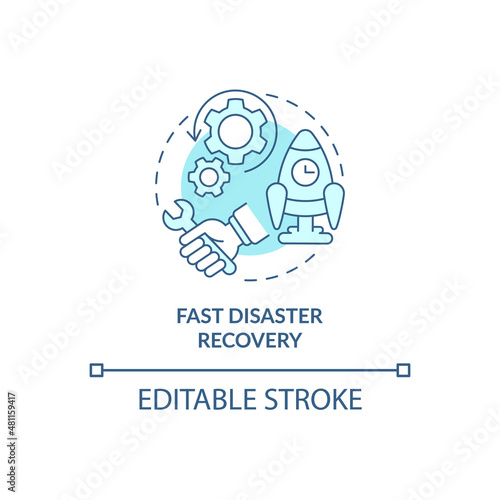 Fast disaster recovery turquoise concept icon. Availability of data abstract idea thin line illustration. Isolated outline drawing. Editable stroke. Roboto-Medium, Myriad Pro-Bold fonts used