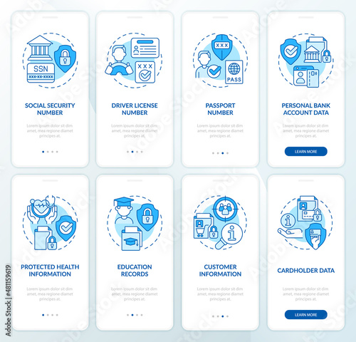Sensitive information blue onboarding mobile app screen set. Security walkthrough 4 steps graphic instructions pages with linear concepts. UI, UX, GUI template. Myriad Pro-Bold, Regular fonts used