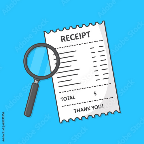 Receipt With Magnifying Glass Vector Icon Illustration. Receipt Paper Flat Icon. Financial Check Icon