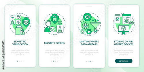 Confidentiality countermeasures green onboarding mobile app screen. Safe walkthrough 4 steps graphic instructions pages with linear concepts. UI, UX, GUI template. Myriad Pro-Bold, Regular fonts used