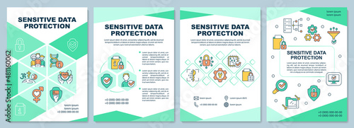 Sensitive data protection green brochure template. Booklet print design with linear icons. Vector layouts for presentation, annual reports, ads. Arial-Black, Myriad Pro-Regular fonts used