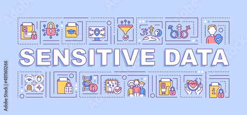 Sensitive data word concepts purple banner. Information privacy. Infographics with linear icons on background. Isolated typography. Vector color illustration with text. Arial-Black font used
