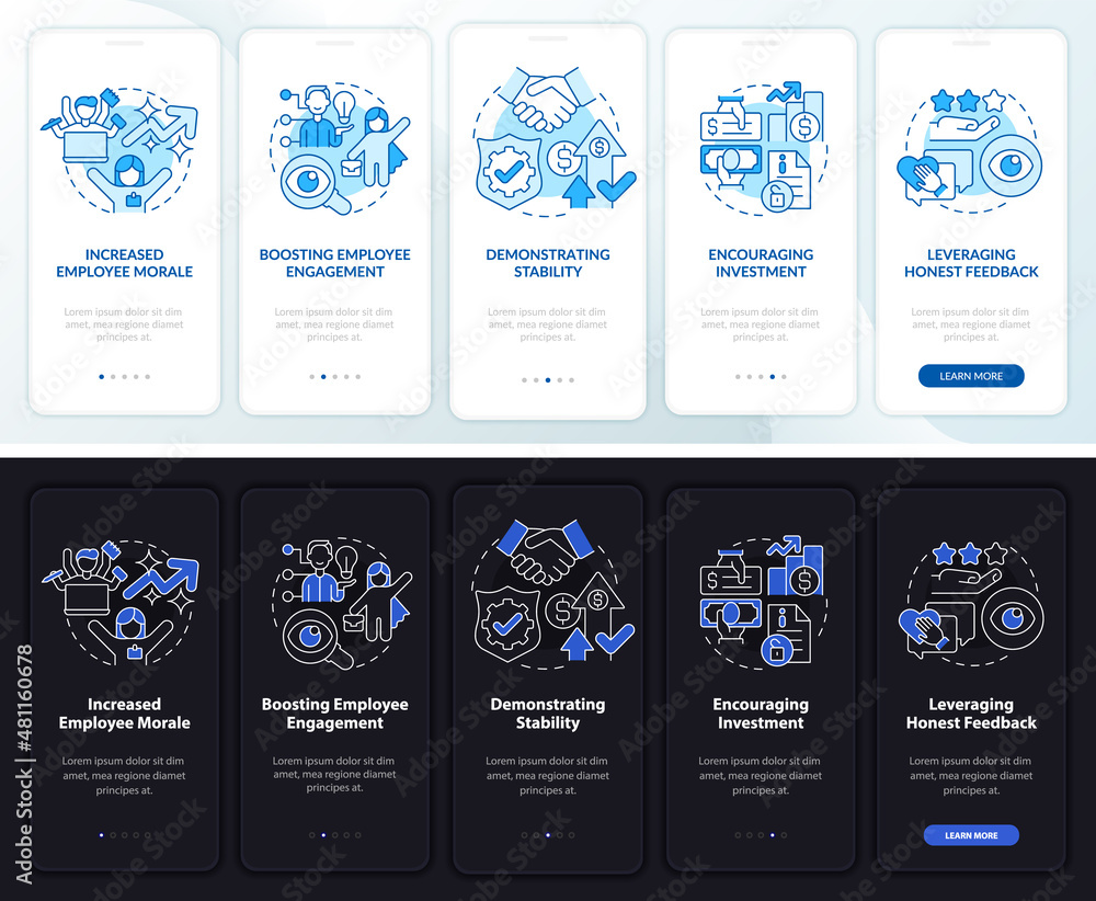 Transparency profit night and day mode onboarding mobile app screen ...