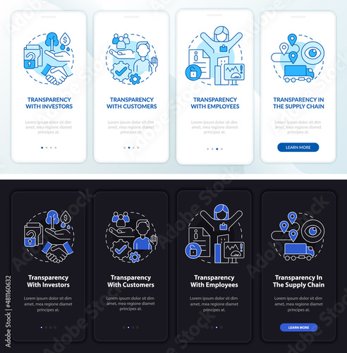 Transparency types night and day mode onboarding mobile app screen. Walkthrough 4 steps graphic instructions pages with linear concepts. UI, UX, GUI template. Myriad Pro-Bold, Regular fonts used