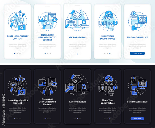 Trust on social media night and day mode onboarding mobile app screen. Walkthrough 5 steps graphic instructions pages with linear concepts. UI, UX, GUI template. Myriad Pro-Bold, Regular fonts used